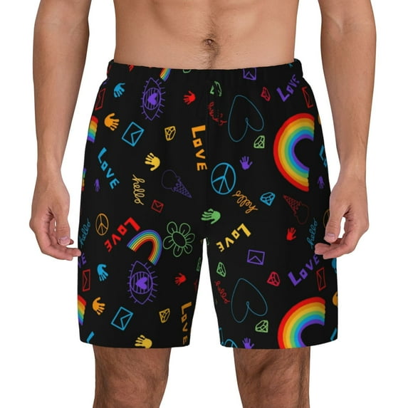 Kdxio Cartoon Pride Lgbt Print Men's Swim Trunks with Compression Liner 7 Inch Inseam Quick Dry Swim Shorts