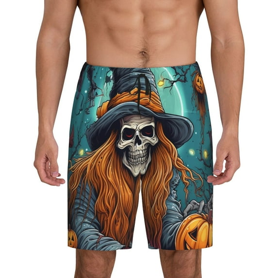 Kdxio Cartoon Pumpkin Skull Print Mens Sleep Shorts Bottoms Soft Comfy Pajama Wear Pants with Drawstring Pockets