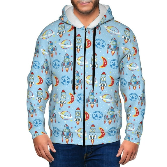 Kdxio Cartoon Rocket With Space Print Men Hoodies Casual Hoodies for Men with Zip Pockets Full Zip Long Sleeve Sweatshirt Sports Hooded Jacket-3X-Large