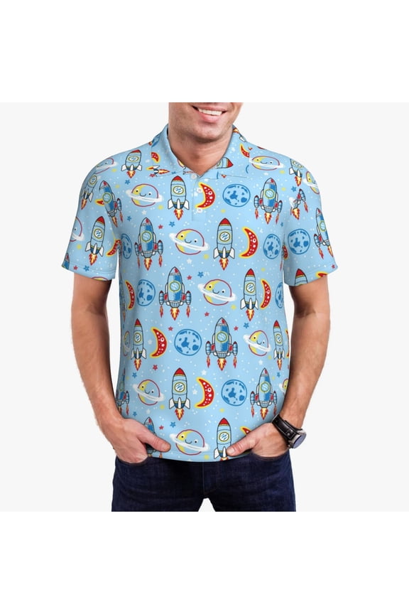 Cartoon Rocket With Space Print Men's Short Sleeve Polo Shirt,Midweight Men's Shirt
