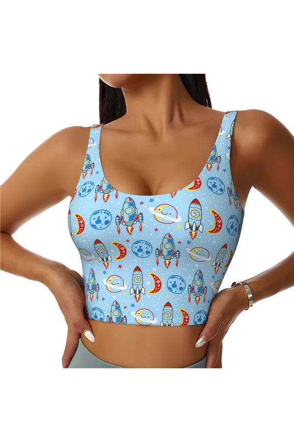 Cartoon Rocket With Space Print Workout Crop Tank Top for Women Racerback Yoga Tank Tops Athletic Sports Shirts Exercise Undershirts