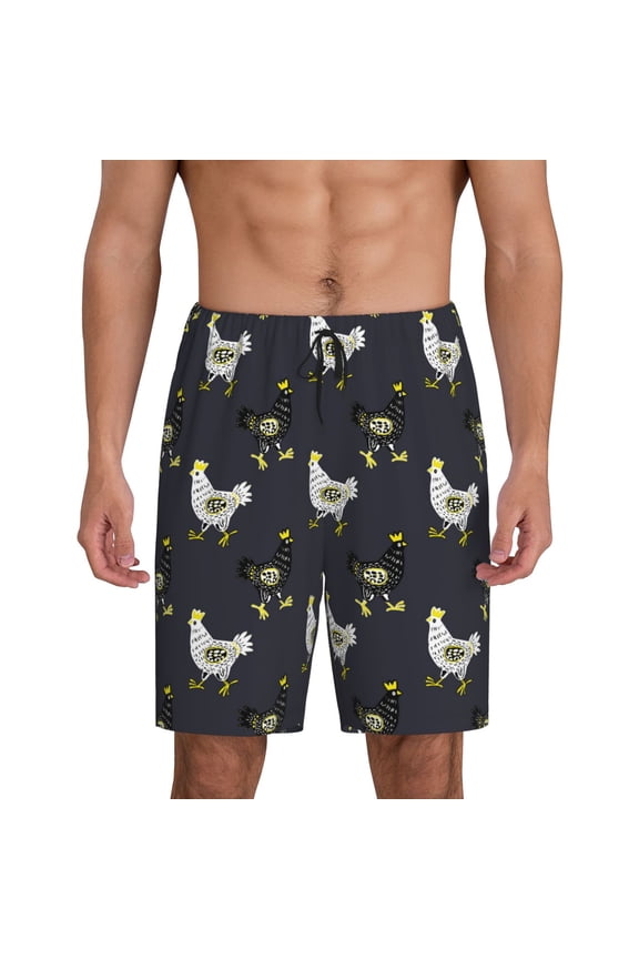 Cartoon Rooster Print Mens Sleep Shorts Bottoms Soft Comfy Pajama Wear Pants with Drawstring Pockets