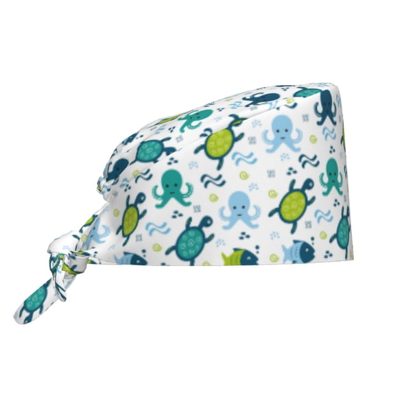 Kdxio Cartoon Sea Creatures Pattern Turban Hat for Women Men Comfortable Adjustable Cleaning Working Cap with Sweatband