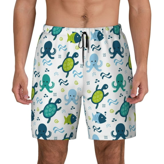 Kdxio Cartoon Sea Creatures Print Men's Swim Trunks with Compression Liner 7 Inch Inseam Quick Dry Swim Shorts