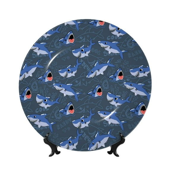 Kdxio Cartoon Shark Bone China Decorative Plate Ceramic Decorative Plate for Home Office Wall Stand Decorative Plates for Home Bedroom-7in