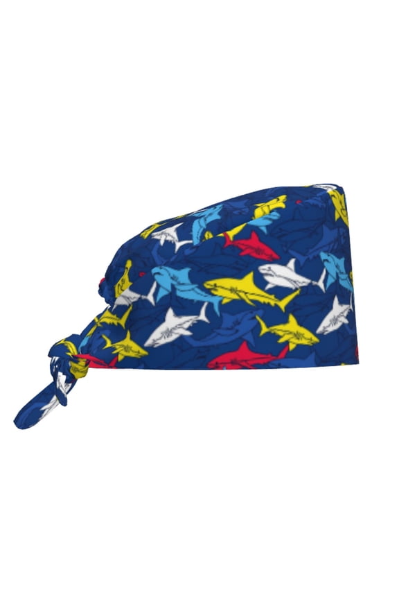 Cartoon Shark Pattern Turban Hat for Women Men Comfortable Adjustable Cleaning Working Cap with Sweatband
