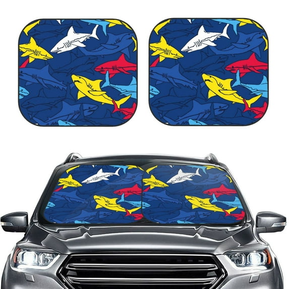 Kdxio Cartoon Shark Print 2-Piece Sun Shade Front Windshield - Foldable Car Front Window Sunshades For Most Sedans Suv Truck