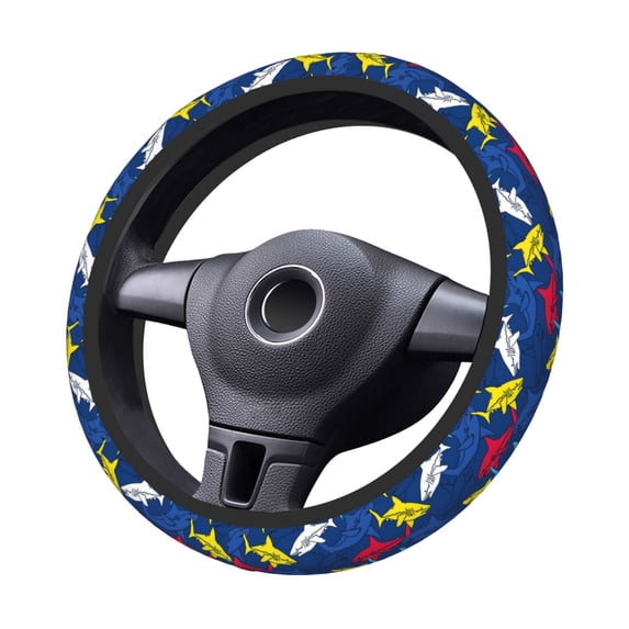 Kdxio Cartoon Shark Print Elastic Stretch Steering Wheel Cover,Auto Steering Wheel Cover,15 Inch Anti-Slip,Warm in Winter and Cool in Summer,Fit Suvs,Vans Cars,Trucks