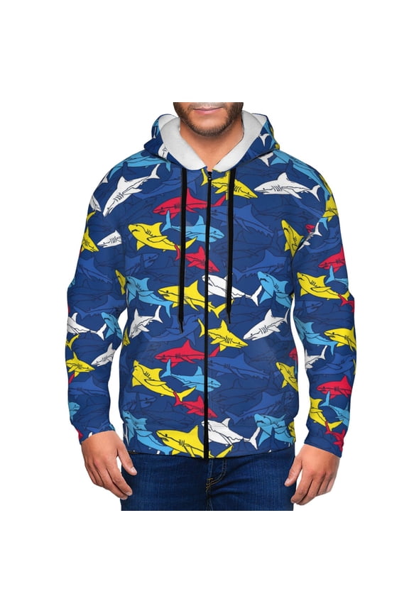 Cartoon Shark Print Men Hoodies Casual Hoodies for Men with Zip Pockets Full Zip Long Sleeve Sweatshirt Sports Hooded Jacket-3X-Large