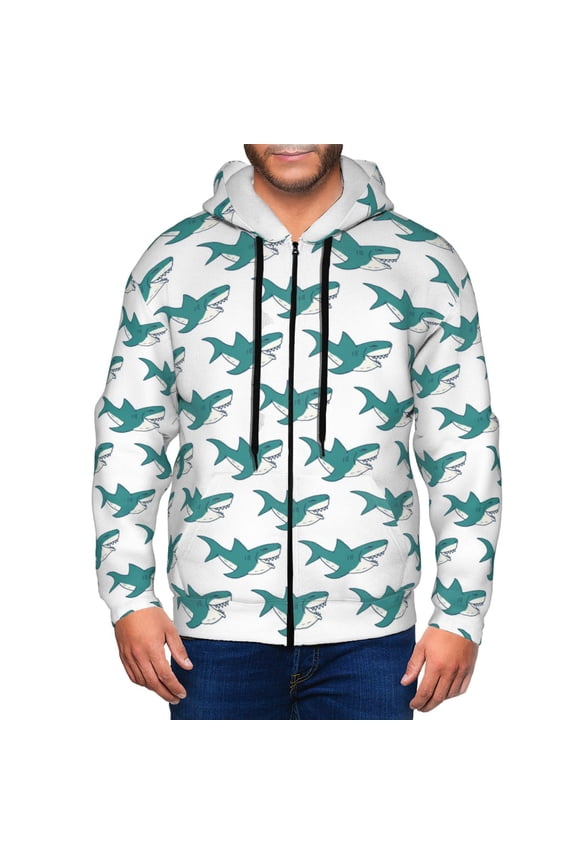 Cartoon Shark Print Men Hoodies Casual Hoodies for Men with Zip Pockets Full Zip Long Sleeve Sweatshirt Sports Hooded Jacket-XX-Large