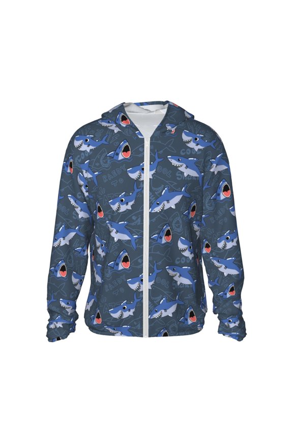 Cartoon Shark Print Women Men Sun Protection UPF 50+ Jackets Zip Up Long Sleeve Hoodie Hiking Lightweight with Pockets