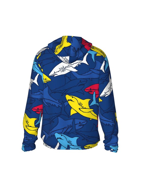 Cartoon Shark Print Women Men Sun Protection UPF 50+ Jackets Zip Up Long Sleeve Hoodie Hiking Lightweight with Pockets