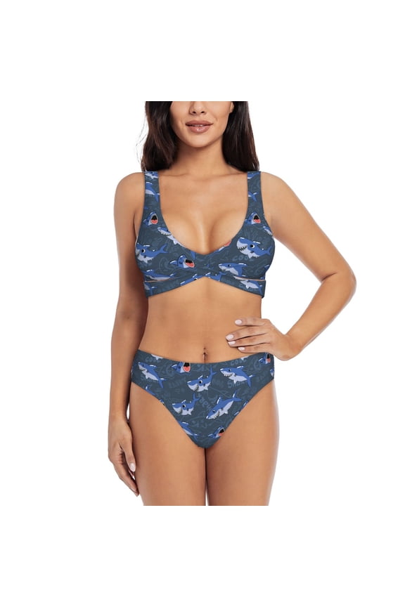 Cartoon Shark Print Women's 2 Piece High Waisted Wrap Spaghetti Strap Summer Swimsuit Bikini Set-Medium