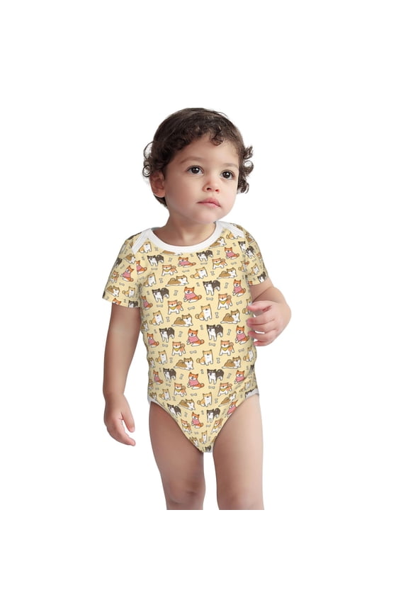 Cartoon Shiba Inu Dog Pattern Unisex Baby Cotton Short Sleeve Bodysuits-18 Months