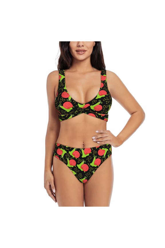 Cartoon Snail Print Women's 2 Piece High Waisted Wrap Spaghetti Strap Summer Swimsuit Bikini Set-Large