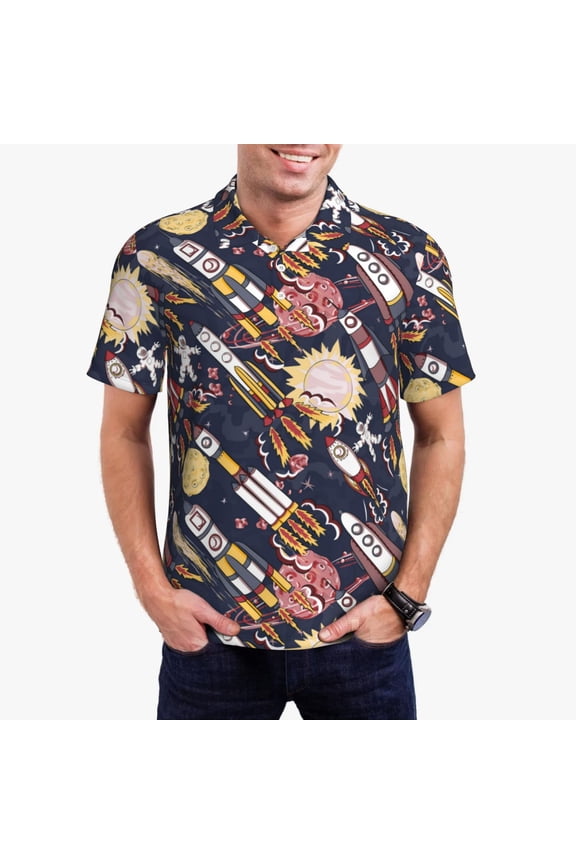 Cartoon Space 1 Print Men's Short Sleeve Polo Shirt,Midweight Men's Shirt
