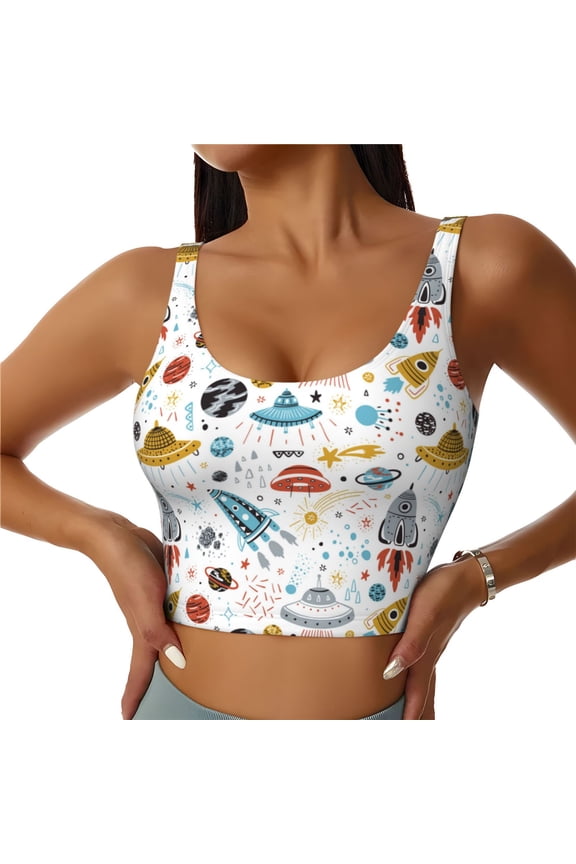 Cartoon Space Print Workout Crop Tank Top for Women Racerback Yoga Tank Tops Athletic Sports Shirts Exercise Undershirts