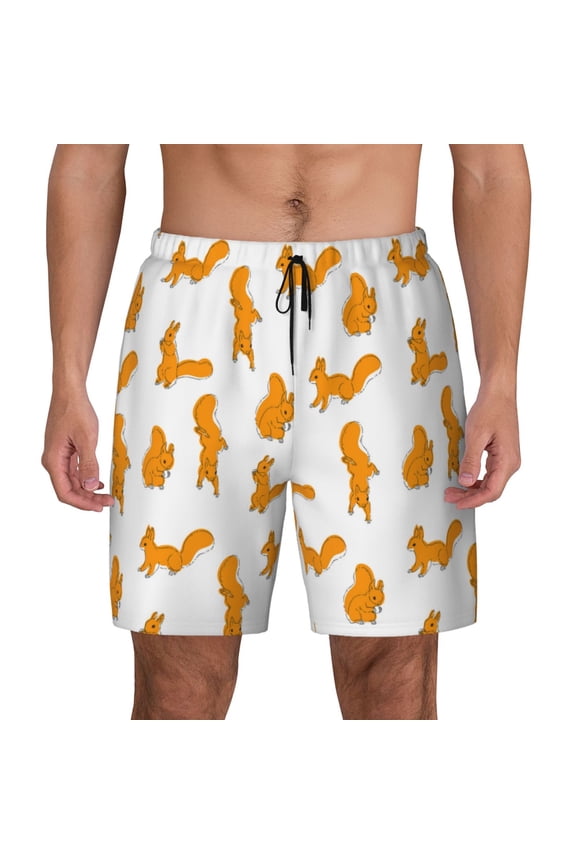 Cartoon Squirrel Print Men's Swim Trunks with Compression Liner 7 Inch Inseam Quick Dry Swim Shorts