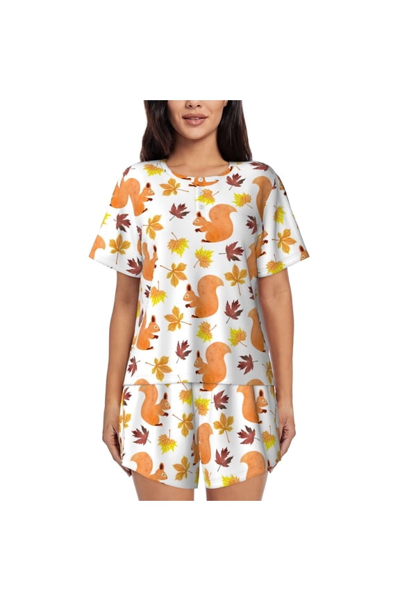 Cartoon Squirrel Print Pajamas Sets for Women Short-Sleeved Pjs with Lounge Shorts Two Piece Sleepwear S-4XL