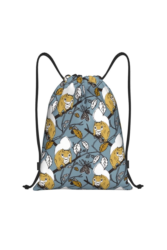 Cartoon Squirrel on Branch Print Drawstring Backpack Bag,Waterproof Draw String Back Sack, Gym Drawstring Bags Swim Bag For Unisex