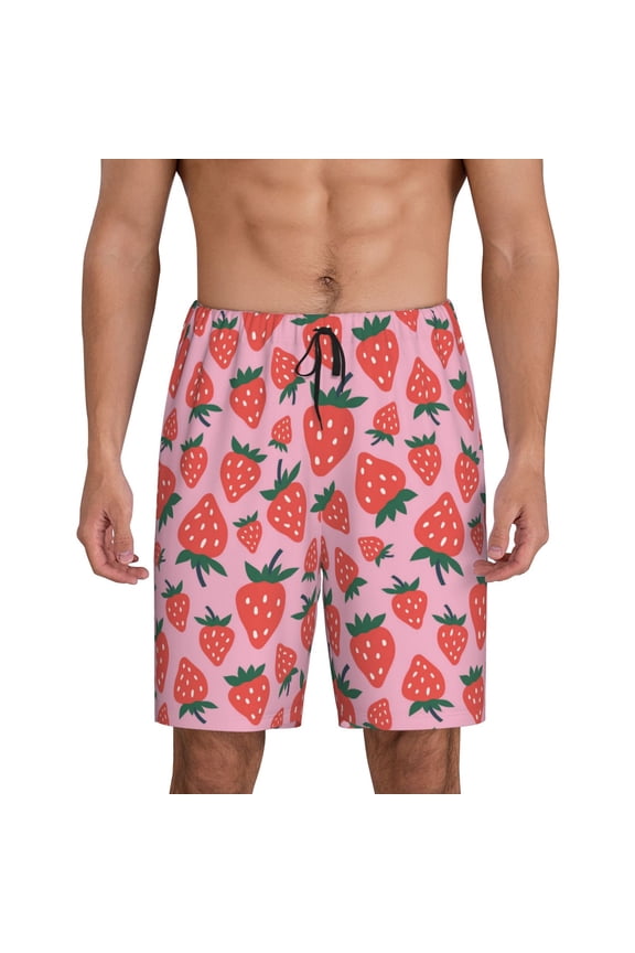 Cartoon Strawberry Print Mens Sleep Shorts Bottoms Soft Comfy Pajama Wear Pants with Drawstring Pockets