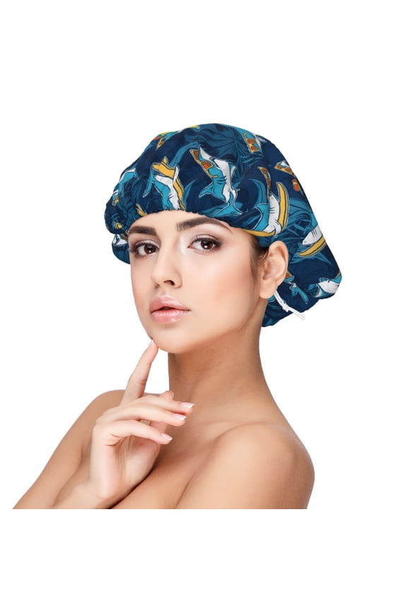 Cartoon Surfer Sharks Pattern Satin Bonnet Silk Bonnet Hair Bonnet for Sleeping Hair Bonnets for Women Curly Natural Hair