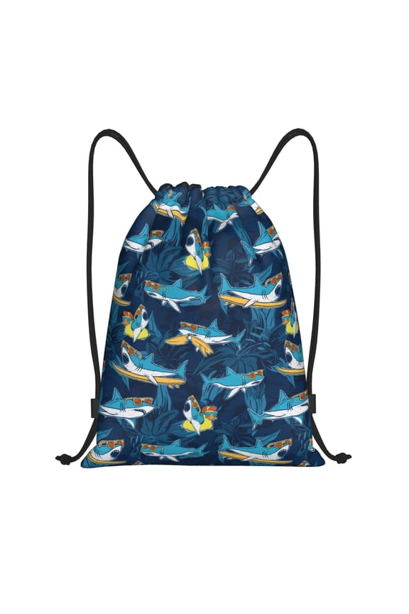 Cartoon Surfer Sharks Print Drawstring Backpack Bag,Waterproof Draw String Back Sack, Gym Drawstring Bags Swim Bag For Unisex