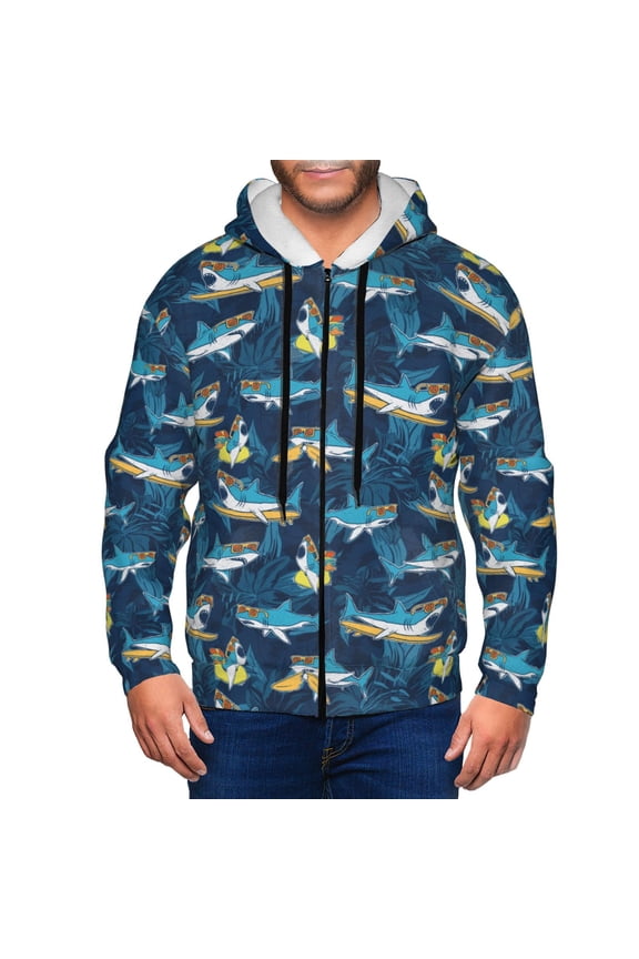 Cartoon Surfer Sharks Print Men Hoodies Casual Hoodies for Men with Zip Pockets Full Zip Long Sleeve Sweatshirt Sports Hooded Jacket-Small