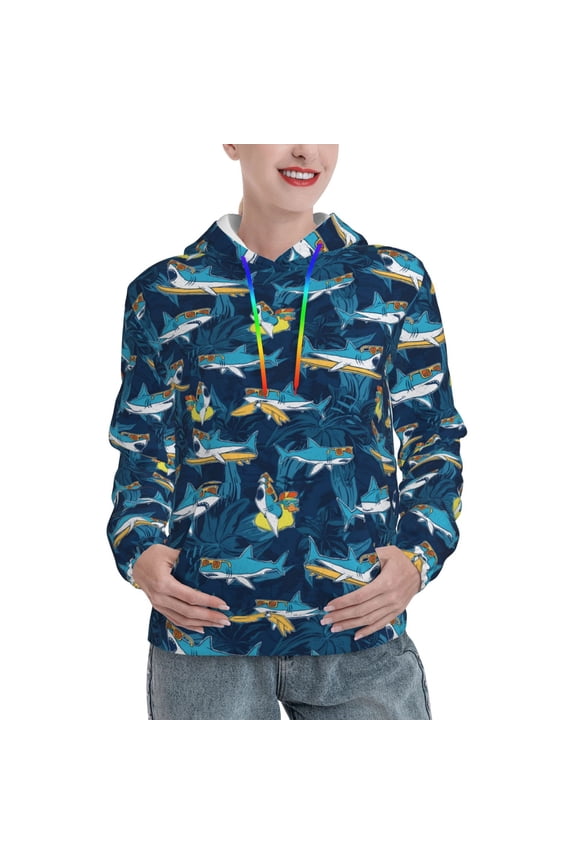 Cartoon Surfer Sharks Print Womens Oversized Hoodies Sweatshirts Hooded Pullover Tops Sweaters Casual-XX-Large