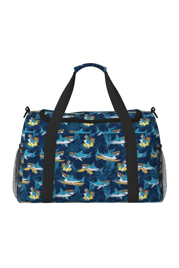 Cartoon Surfer Sharks Travel Duffel Bag Gym Bag Weekender Travel Bag Gym Bag for Women &Men Airplane Travel Essentials for Flying