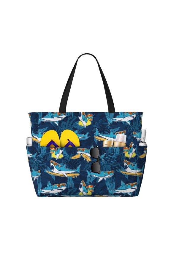 Cartoon Surfer Sharks for Beach Bag for Women Large Beach Tote Bag Waterproof Sandproof Swim Bag with Zipper Pockets Beach Vacation Travel