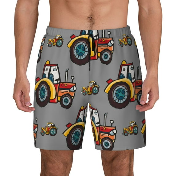 Kdxio Cartoon Tractor Print Men'S Swim Trunks With Compression Liner 7 Inch Inseam Quick Dry Swim Shorts