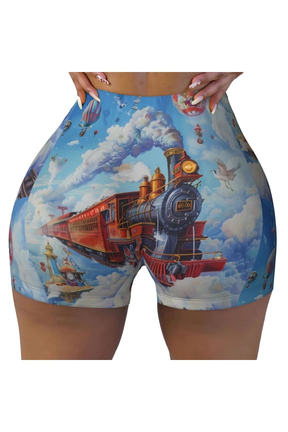 Cartoon Train Hot Air Balloon Print Workout Shorts for Women Seamless Soft Smooth Gym Yoga Scrunch Active Shorts