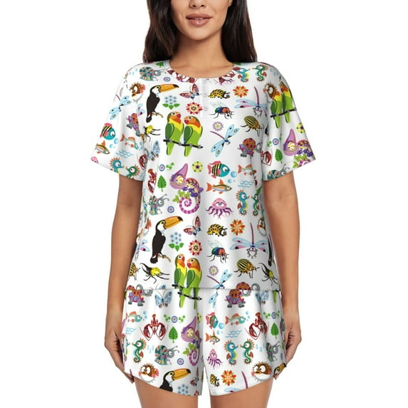 Kdxio Cartoon Wild Animals Print Pajamas Sets for Women Short-Sleeved Pjs with Lounge Shorts Two Piece Sleepwear S-4XL