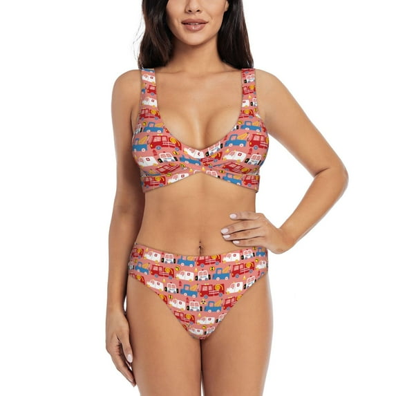 Kdxio Cartoon with Traffic Elements Print Women's 2 Piece High Waisted Wrap Spaghetti Strap Summer Swimsuit Bikini Set-Small