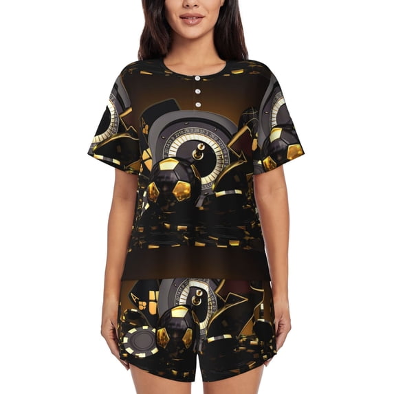 Kdxio Casino Cards Print Pajamas Sets for Women Short-Sleeved Pjs with Lounge Shorts Two Piece Sleepwear S-4XL