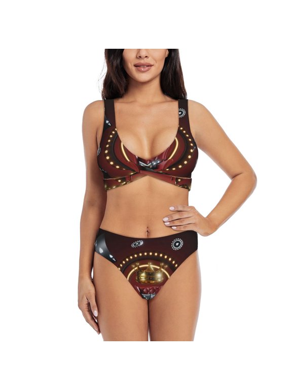 Casino King And Playing Cards Print Women's 2 Piece High Waisted Wrap Spaghetti Strap Summer Swimsuit Bikini Set-XX-Large