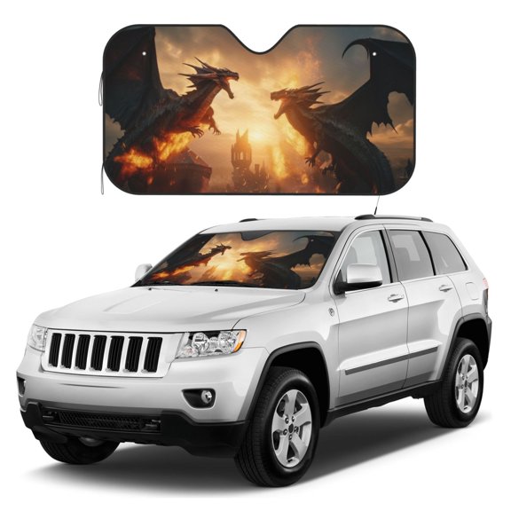 Kdxio Castle Cool Fire Dragon Print Windshield Sun Shade, Foldable Sun Blocker for Car,Truck,SUV Automotive Interior Sun Protection,Reflective Shade for Front Windshield(Small)