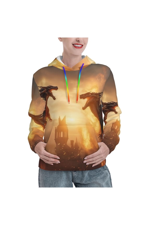 Castle Cool Fire Dragon Print Womens Oversized Hoodies Sweatshirts Hooded Pullover Tops Sweaters Casual-Large