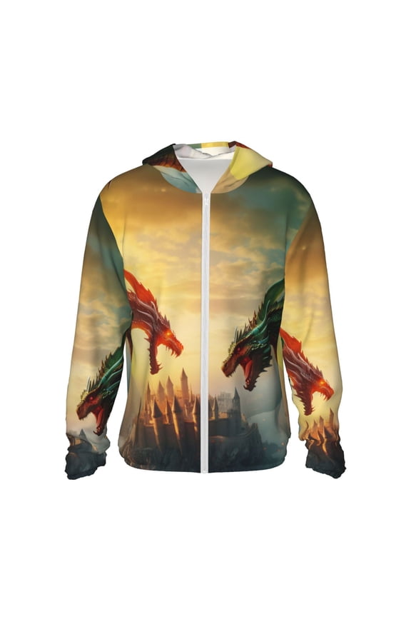 Castle Red Green Sky Dragon Print Women Men Sun Protection UPF 50+ Jackets Zip Up Long Sleeve Hoodie Hiking Lightweight with Pockets