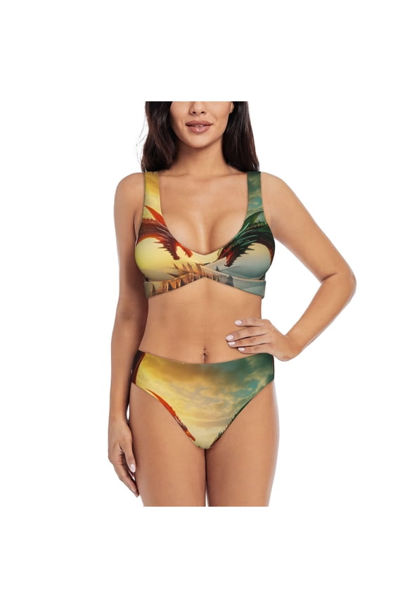 Castle Red Green Sky Dragon Print Women's 2 Piece High Waisted Wrap Spaghetti Strap Summer Swimsuit Bikini Set-Medium
