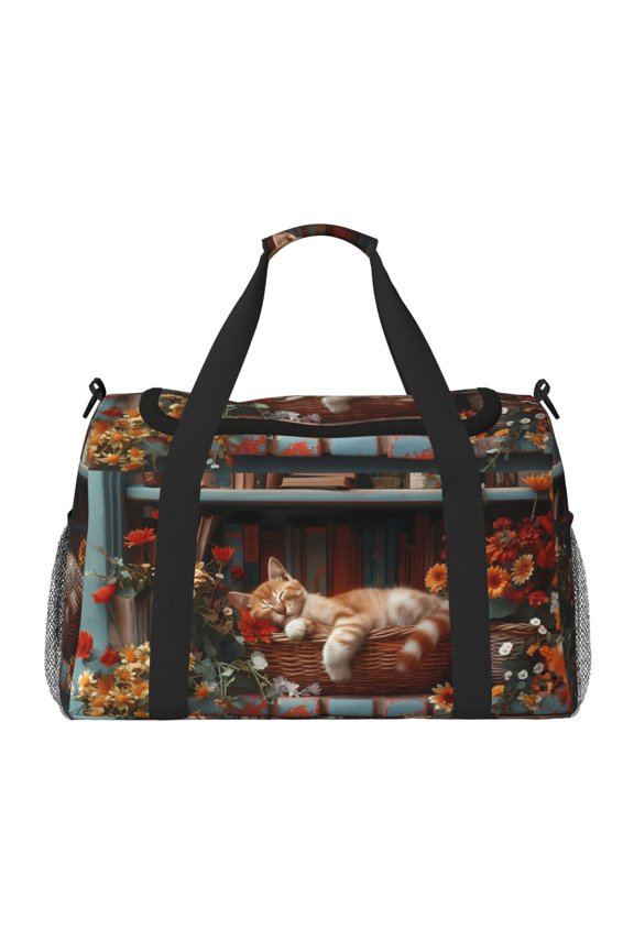 Cat Asleep Among Flowers Travel Duffel Bag Gym Bag Weekender Travel Bag Gym Bag for Women &Men Airplane Travel Essentials for Flying