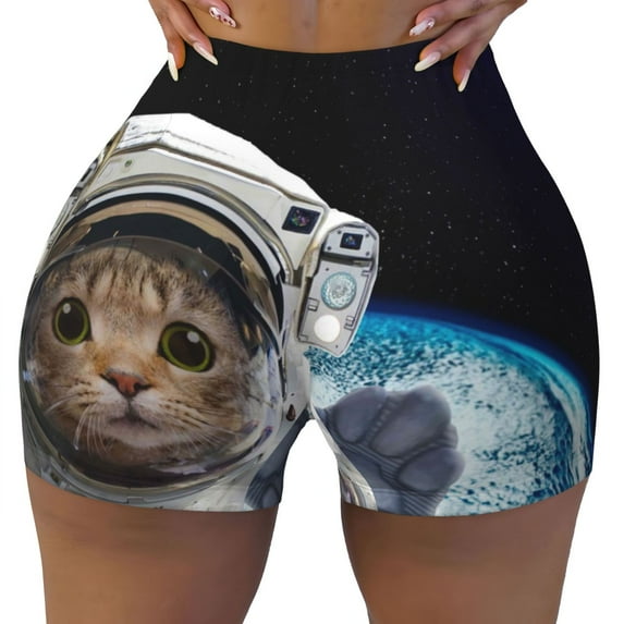 Kdxio Cat Astronaut Print Workout Shorts for Women Seamless Soft Smooth Gym Yoga Scrunch Active Shorts