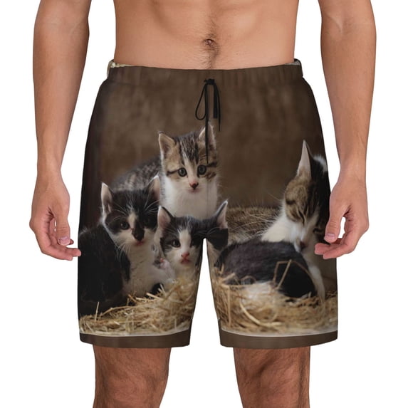 Kdxio Cat Family Print Men'S Swim Trunks With Compression Liner 7 Inch Inseam Quick Dry Swim Shorts