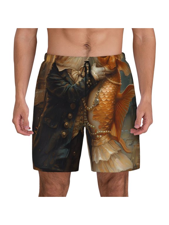 Cat Fish Dance Vintage Print Men's Swim Trunks with Compression Liner 7 Inch Inseam Quick Dry Swim Shorts