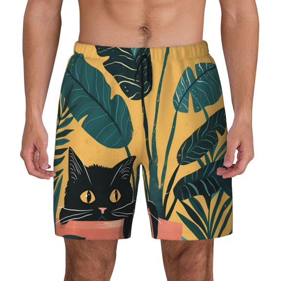 Kdxio Cat Hiding In Potted Plants Print Men's Swim Trunks with Compression Liner 7 Inch Inseam Quick Dry Swim Shorts