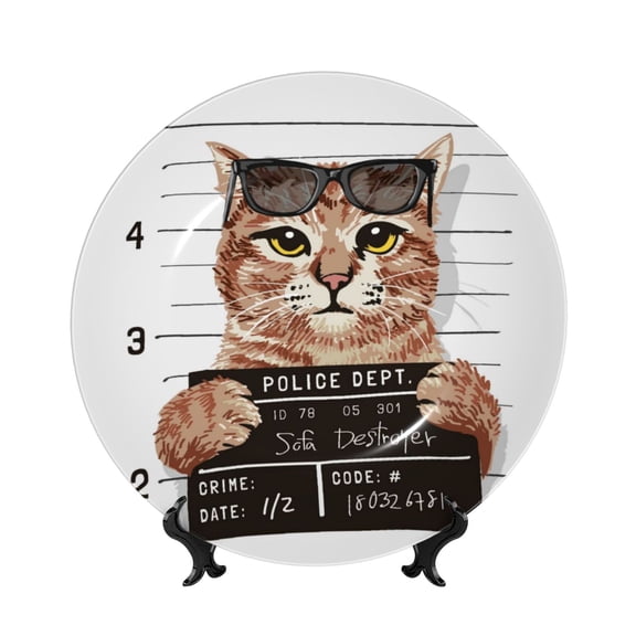 Kdxio Cat Holding Mugshot Sign Bone China Decorative Plate Ceramic Decorative Plate for Home Office Wall Stand Decorative Plates for Home Bedroom-7in