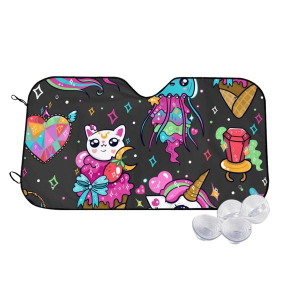 Kdxio Cat Icecream Print Windshield Sun Shade,UV Rays and Sun Heat Protection,Sunshade for Car Windshield,Car Shade Front Windshield - Small