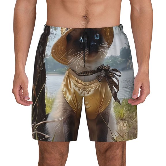 Kdxio Cat In Sun Hat Print Men's Swim Trunks with Compression Liner 7 Inch Inseam Quick Dry Swim Shorts