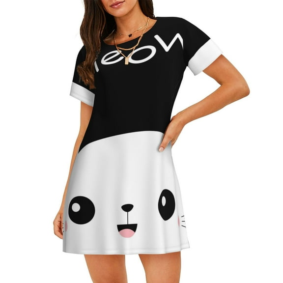 Kdxio Cat Meow Pattern Womens Short Sleeve Sleepshirt Scoopneck Cute Nightdress Ruffle Comfy Nightgown